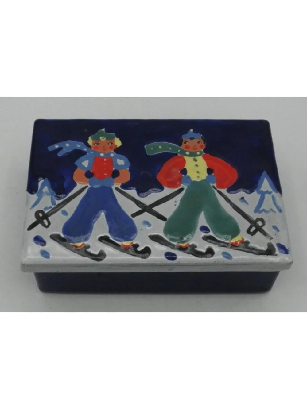 VTG Rectangular Enamel Over Metal Trinket Dresser Box Skiers FLAW CHIPPED ENAMEL